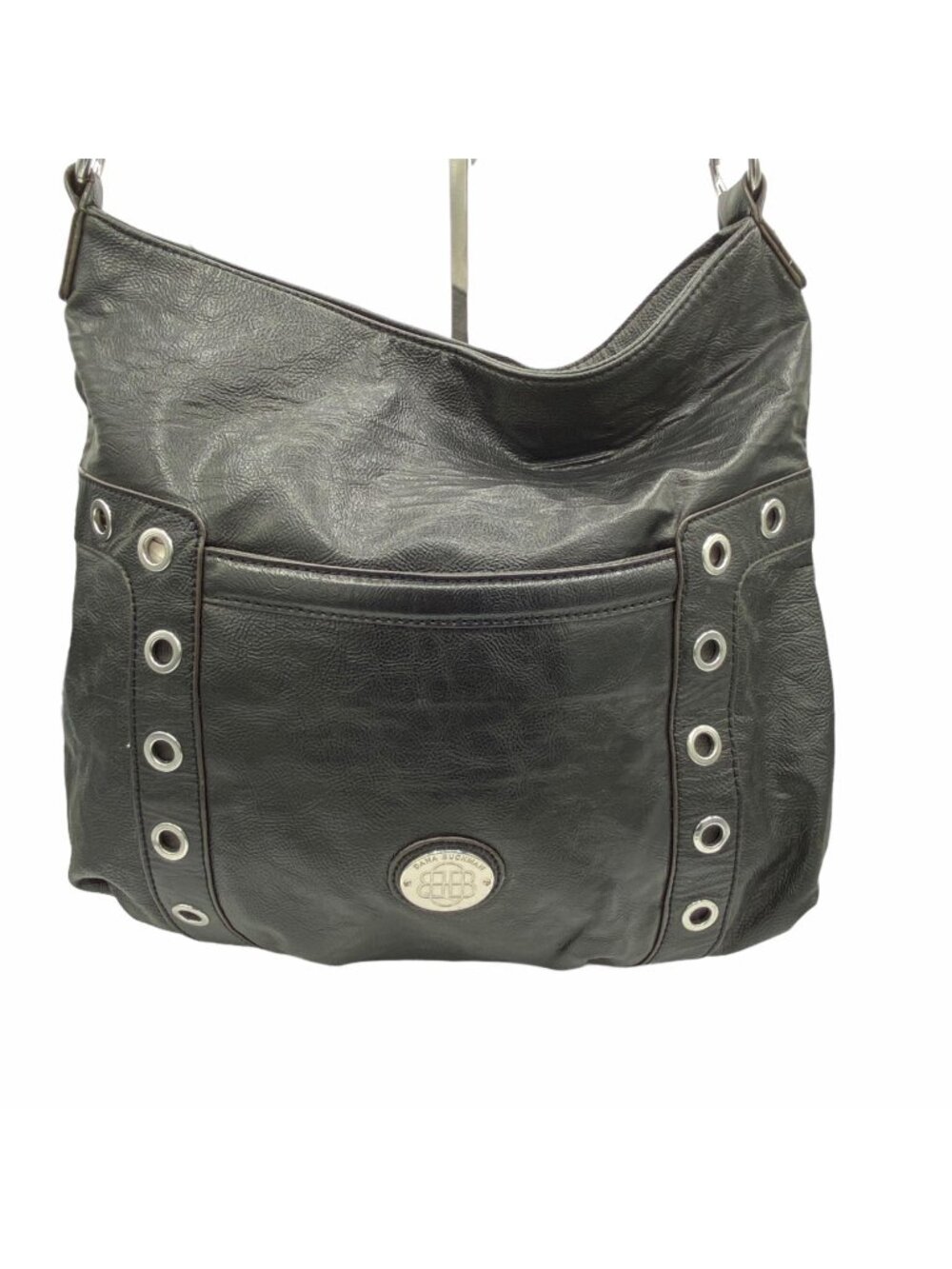 Dana Buchman Black Faux Leather Hobo Tote Shoulder Bag Silver Grommets Large